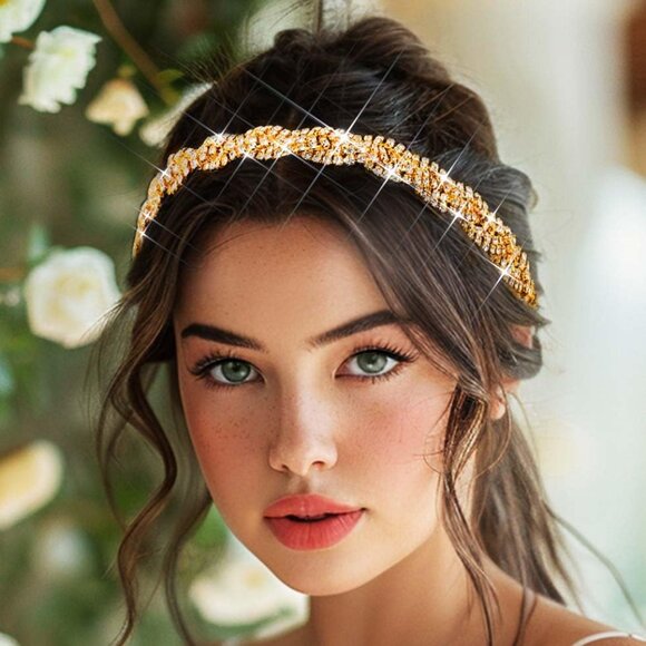 Gold Elastic Rhinestone headbands Sparkly Crystal Headpiece Hair Accessories - Picture 5 of 8